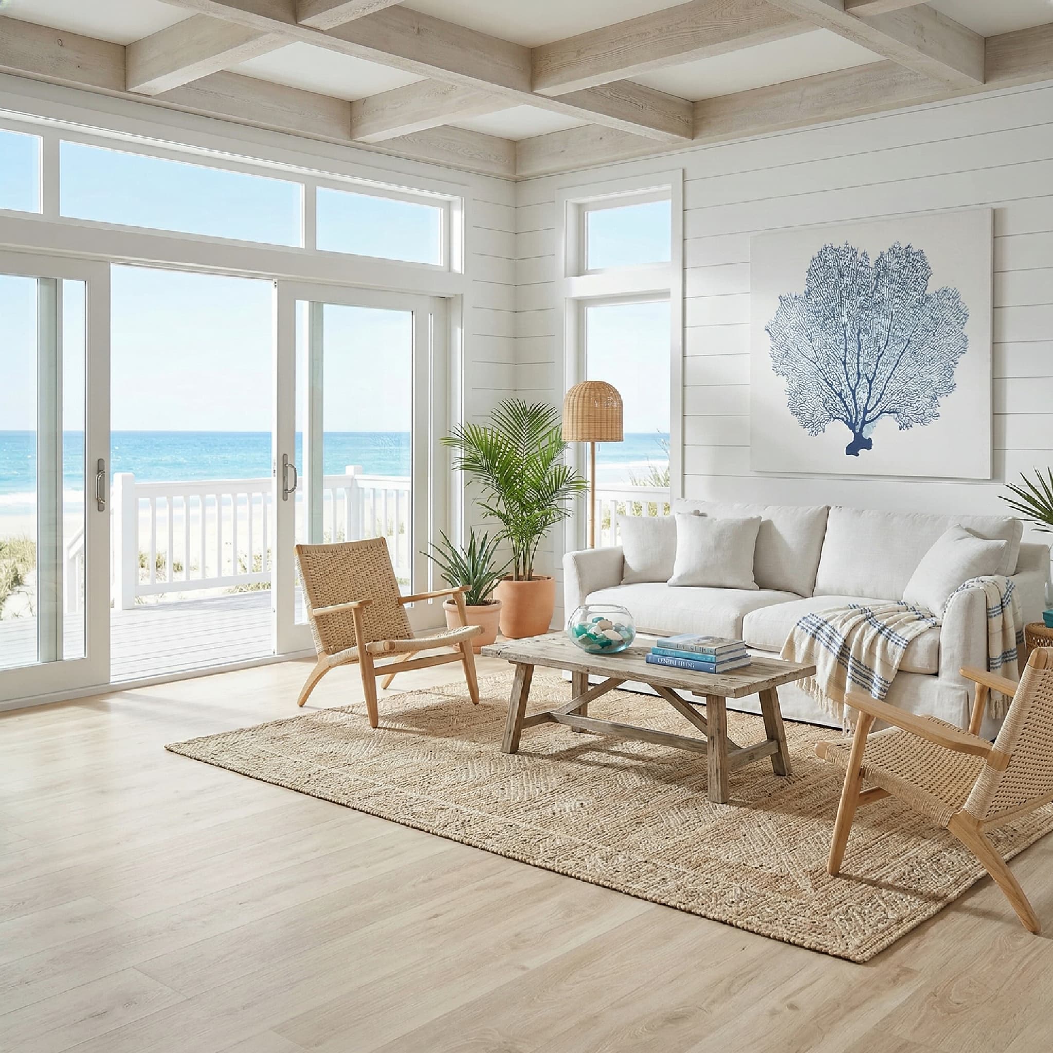 Living room with a view of the ocean, featuring a white sofa, wicker chairs, and a coffee table.