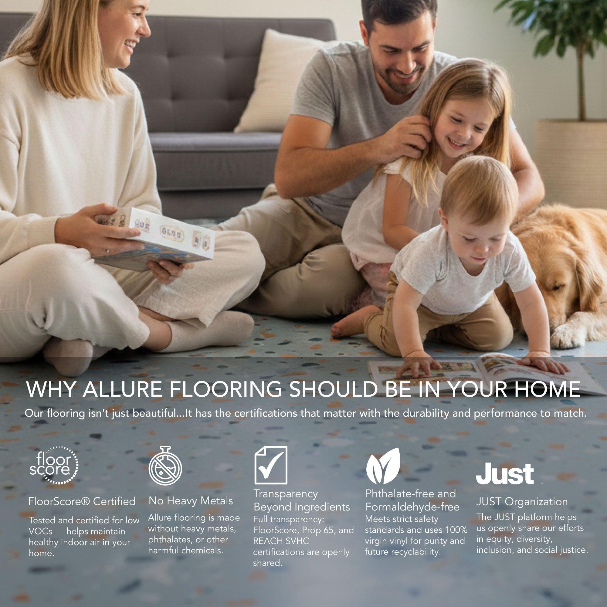 Family sitting on vinyl flooring with a dog