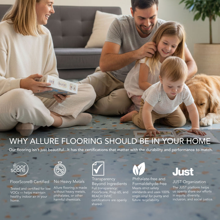 Family sitting on vinyl flooring with a dog