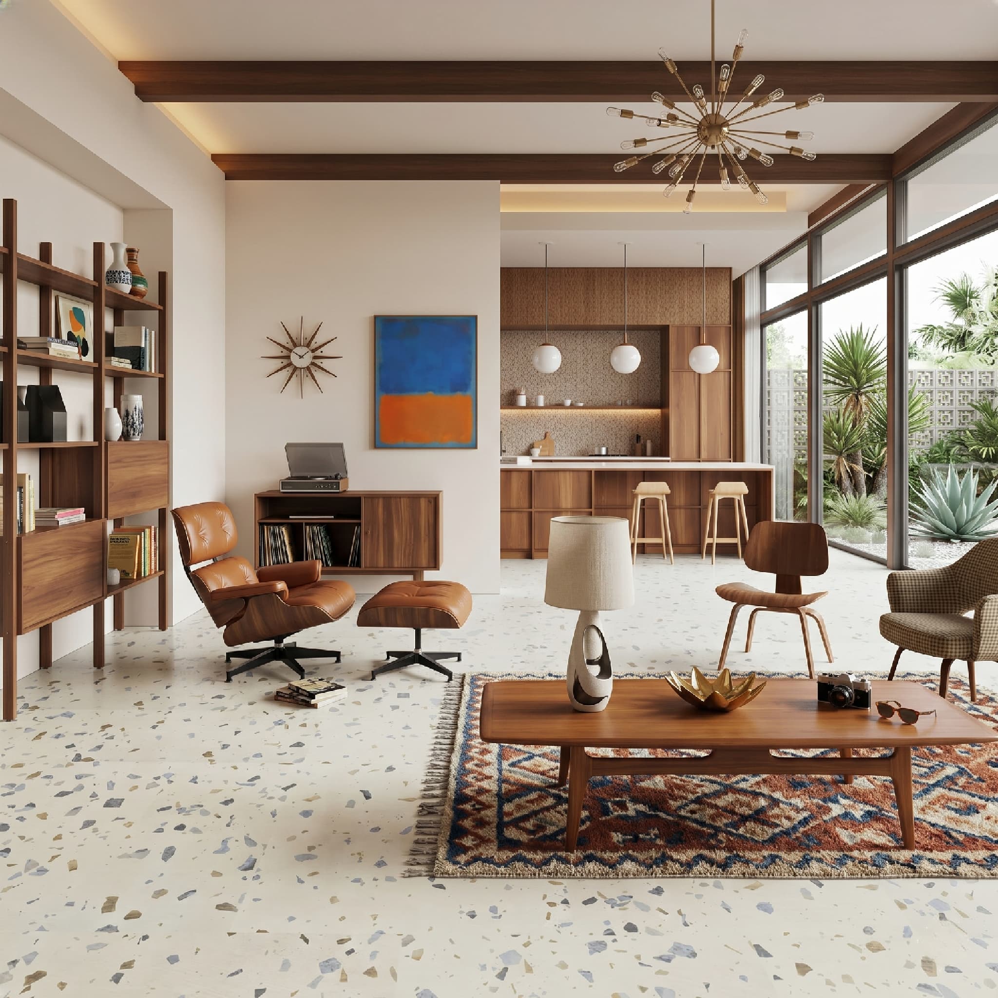 Modern living room with wooden furniture, a coffee table, and decorative elements.