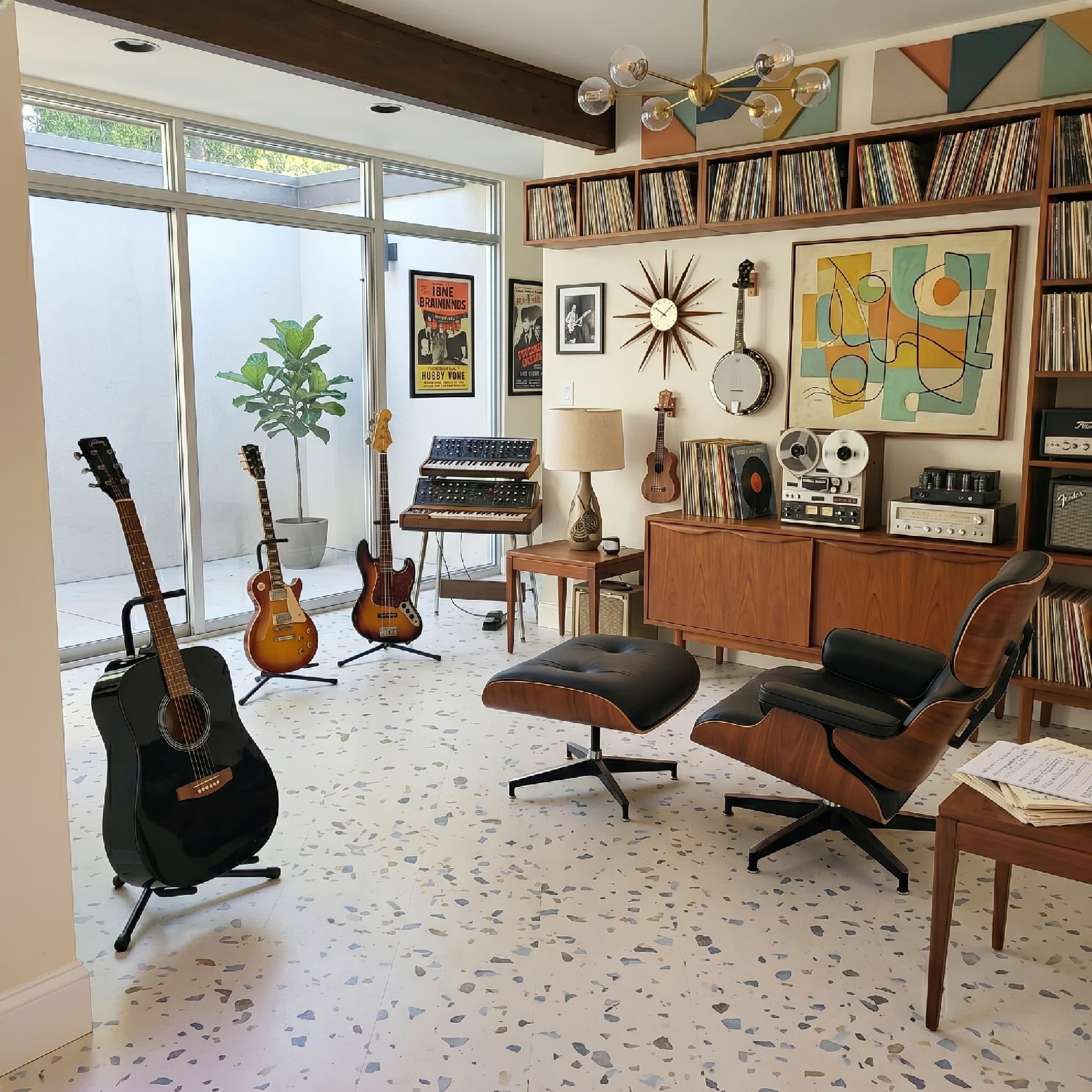 Living room with musical instruments, furniture, and decor