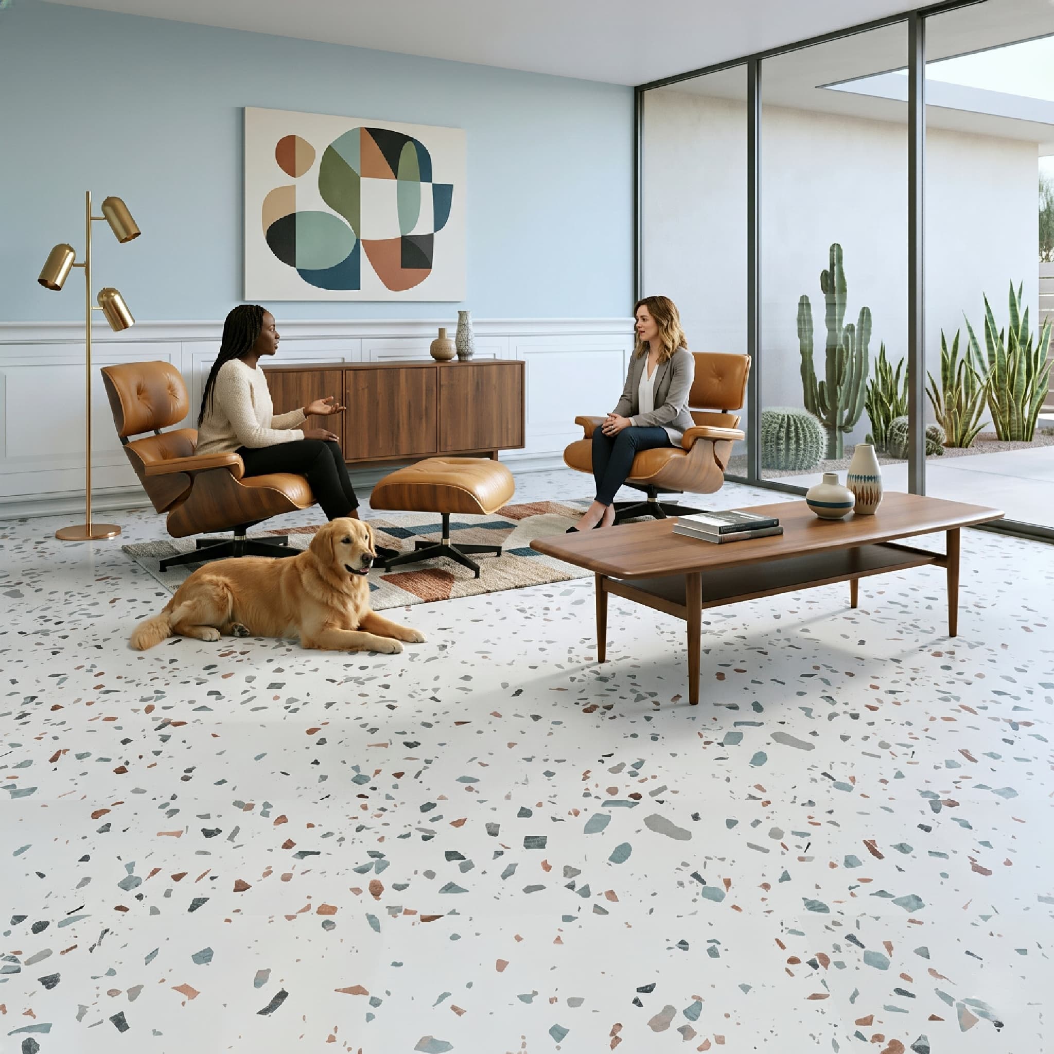 Two women sitting in a modern living room with a dog and decorative elements.