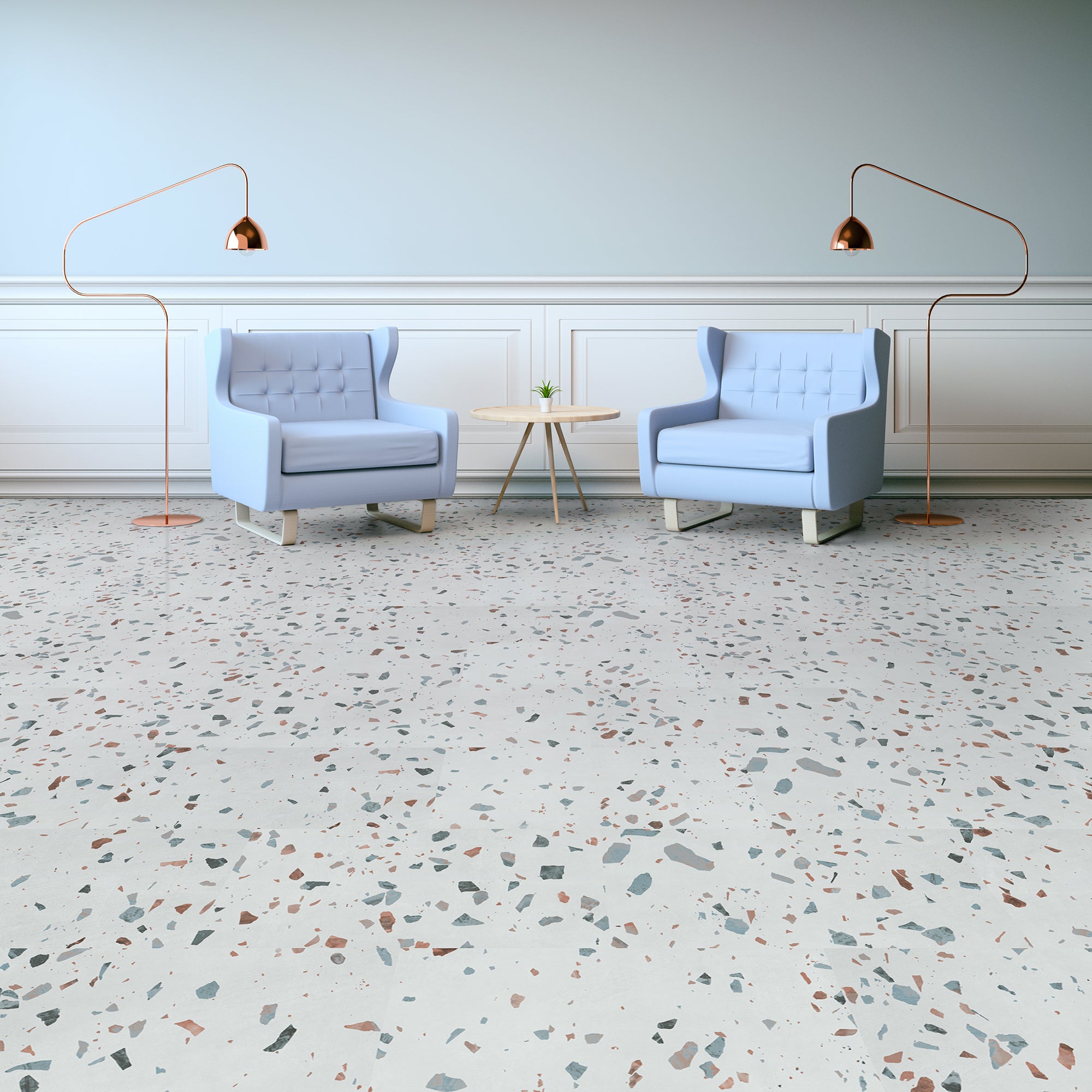 Ultima earl grey terrazzo installed in room with blue chairs and chair rail