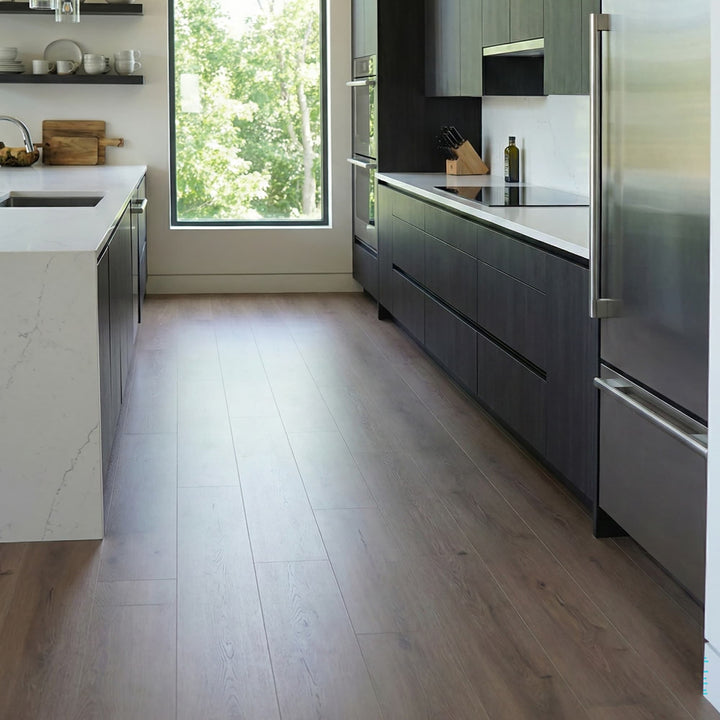 Modern kitchen with stainless steel appliances and Allure LVP flooring