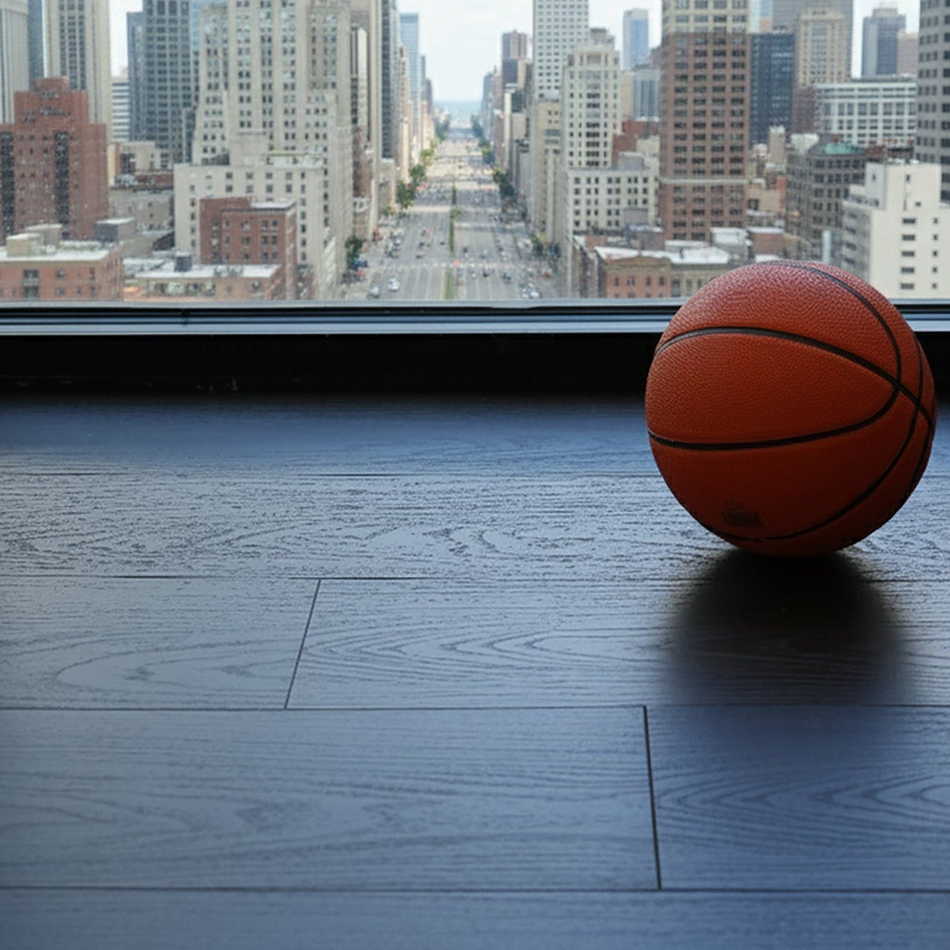 Basketball on a dark wood-look lvp floor with a cityscape view through large windows.