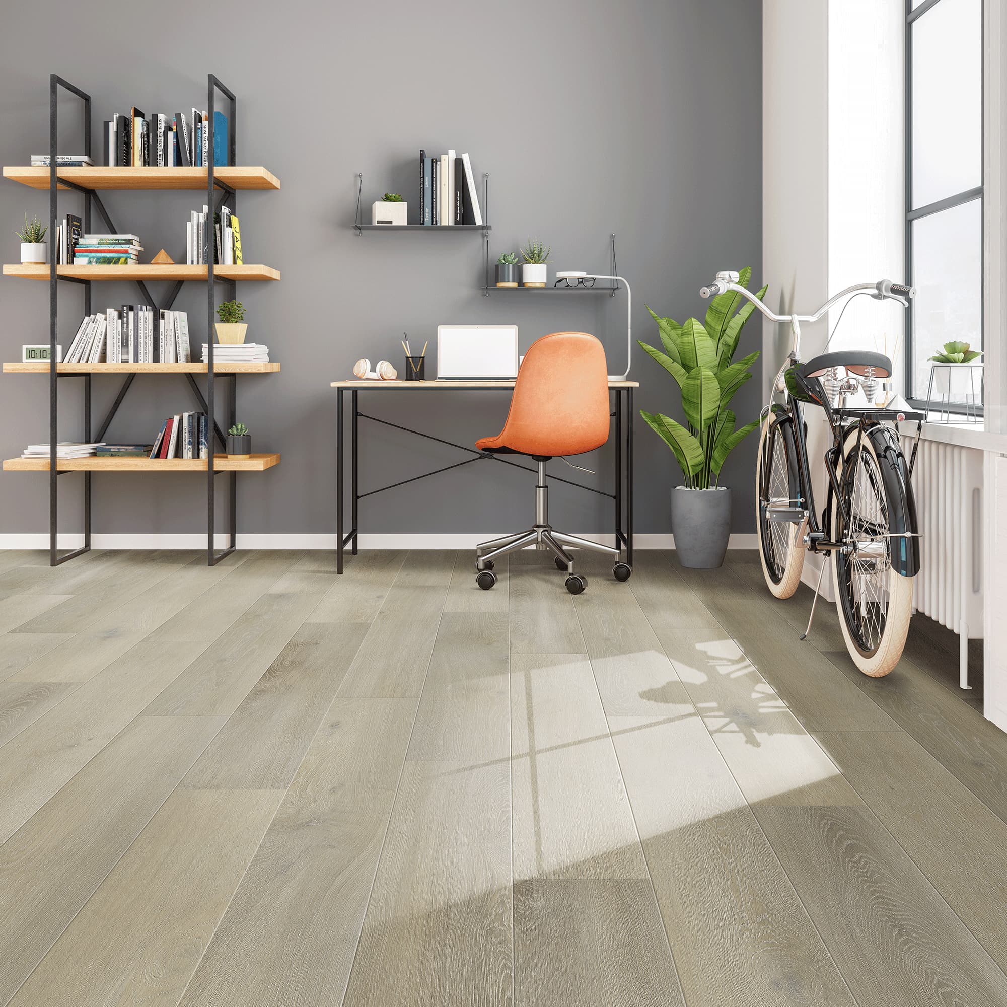Magnetic vinyl flooring in a young professional living room with office are and bicycle.