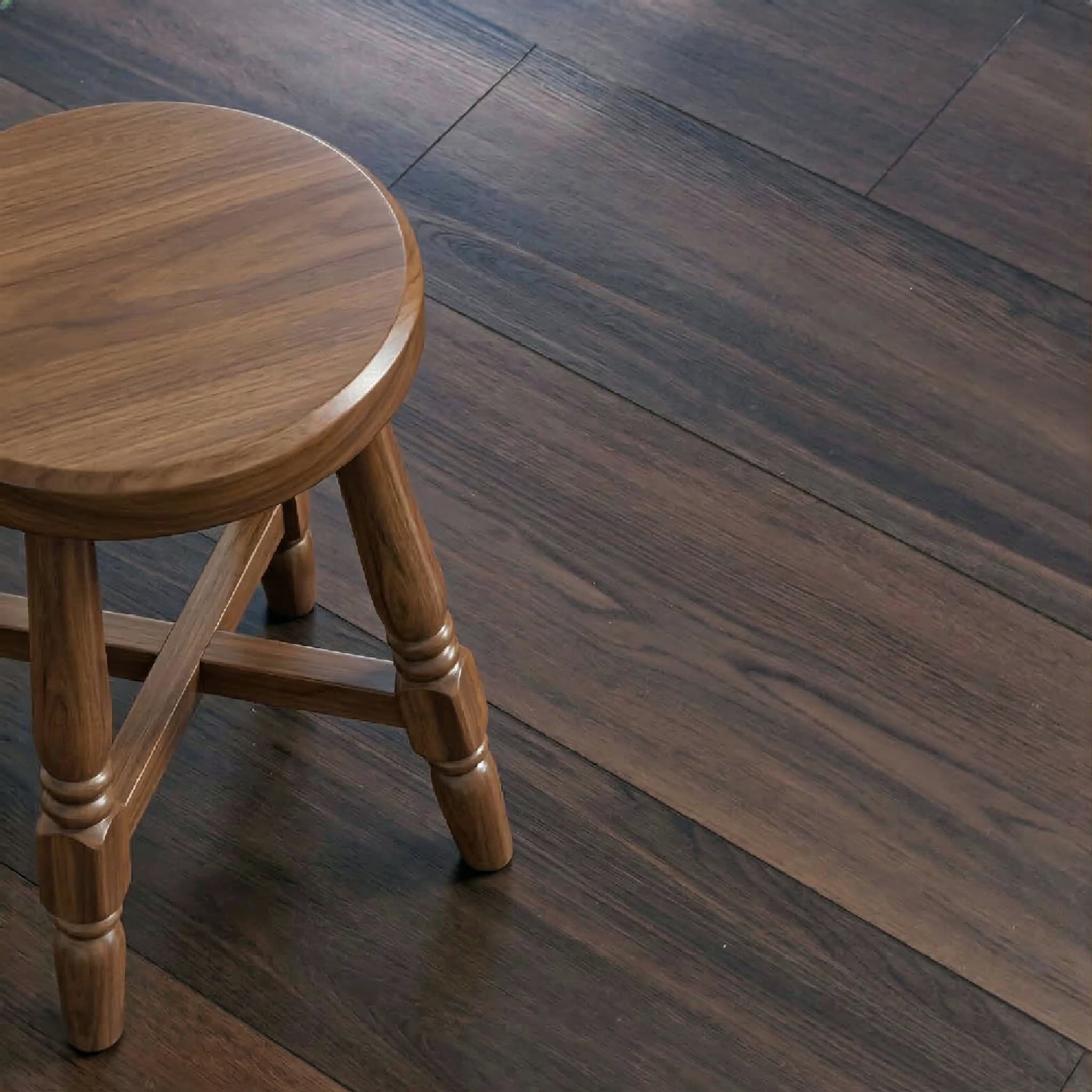 Wooden stool on luxury vinyl plank flooring