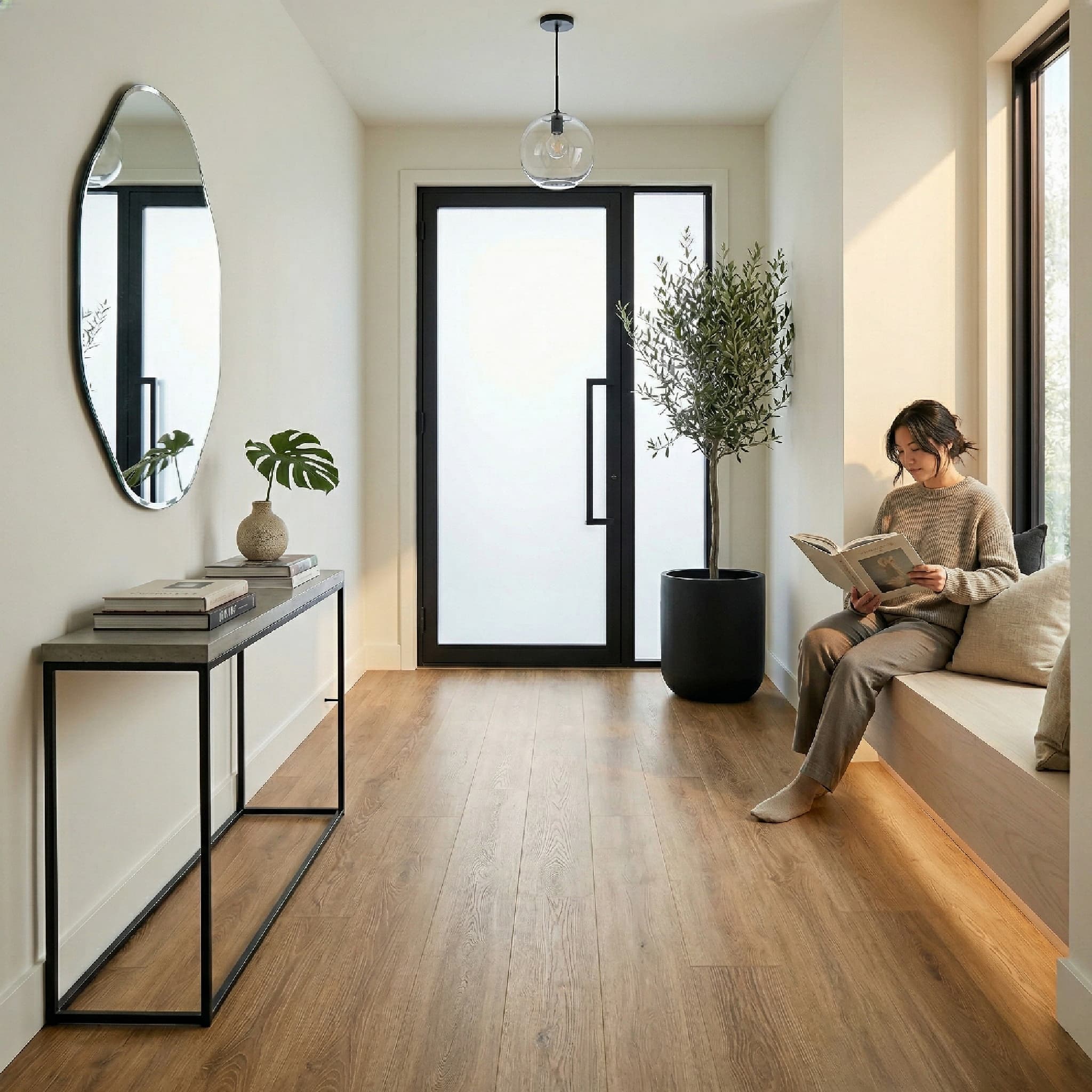 Woman reading a book in a modern living room with a console table, mirror, and plants.