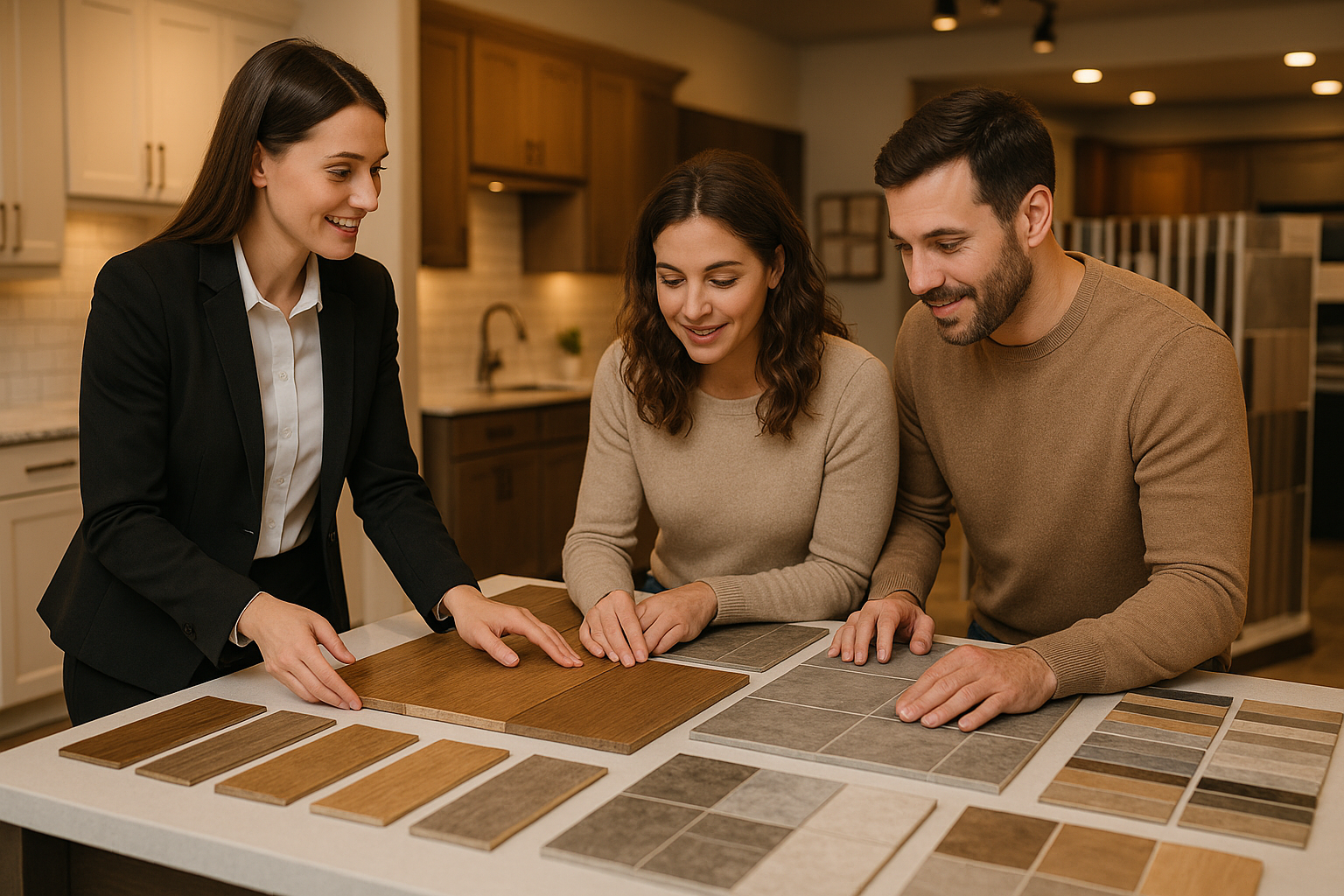 A female showroom employee shows a man and a women couple in their thirties flooring samples for their kitchen