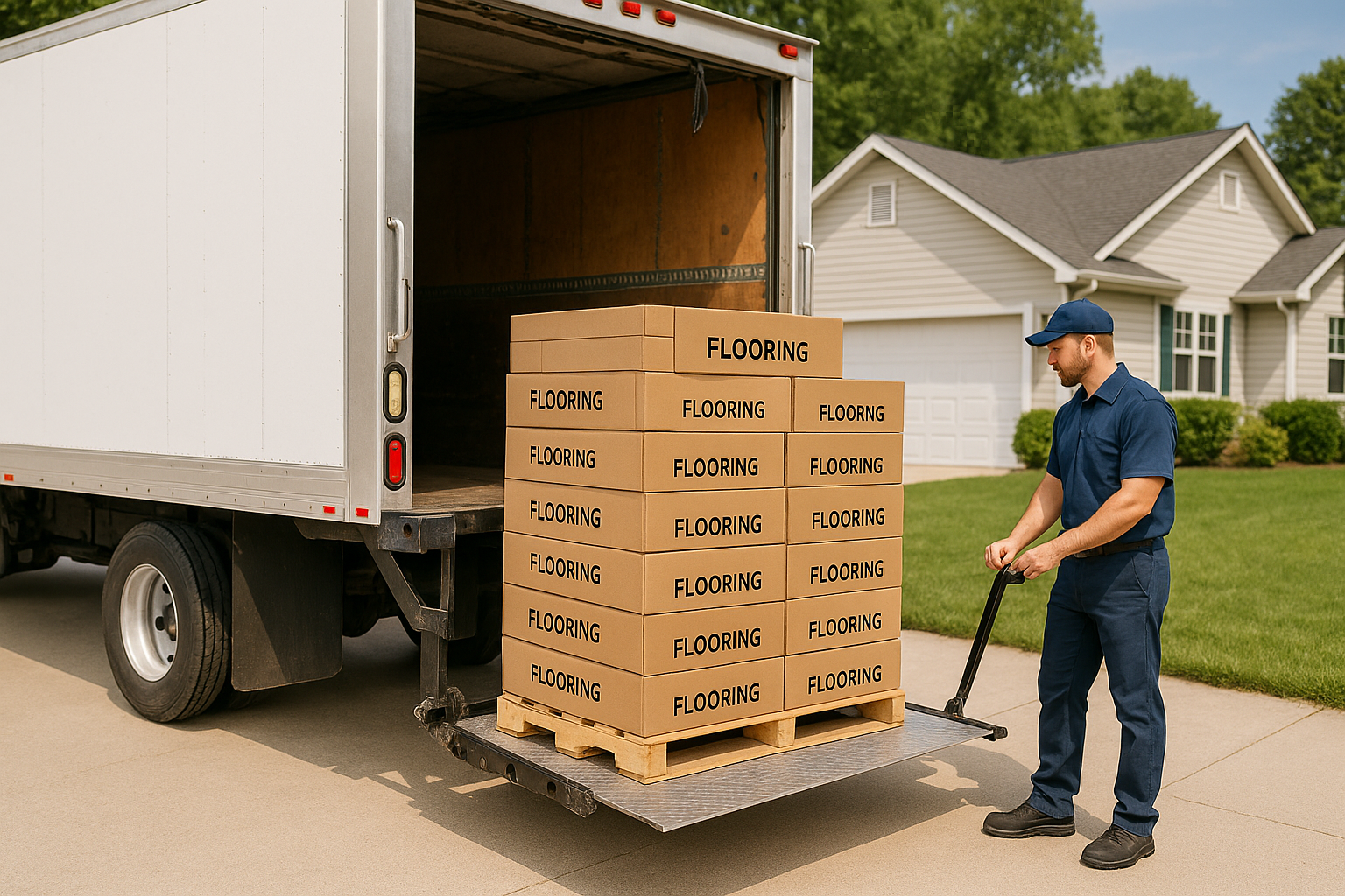 A large truck delivering a pallet of flooring boxes in a residential driveway with a lift gate. The driver is operating the lift gate lowering it with the pallet to the ground