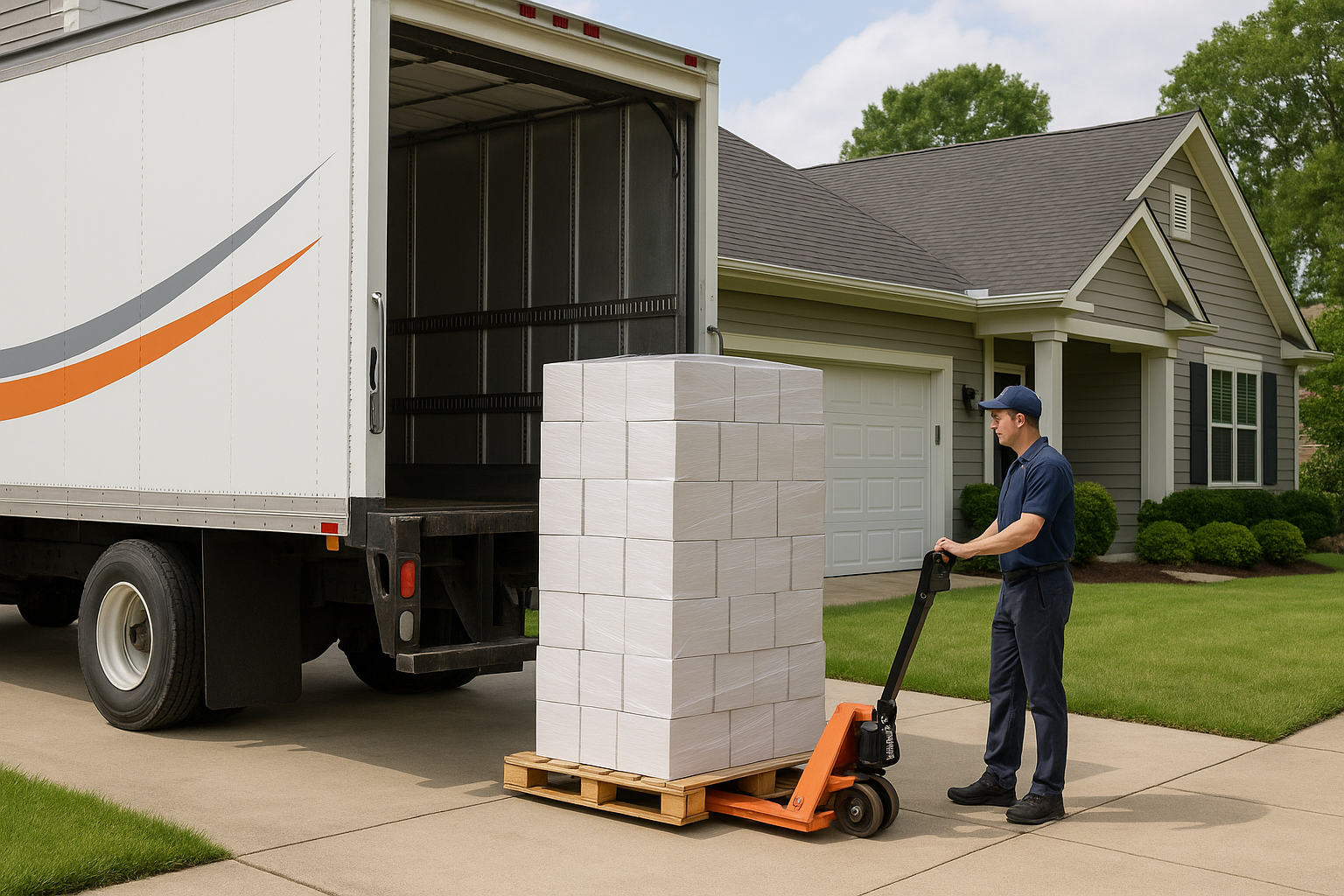 A large truck delivering a pallet of white boxes wrapped in plastic in a residential driveway with a lift gate. The driver is operating the lift gate lowering it with the pallet to the ground