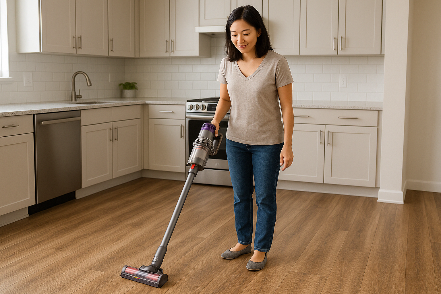 A mid-thirties Asian woman using a stick vacuum to clean her vinyl flooring in the kitchen