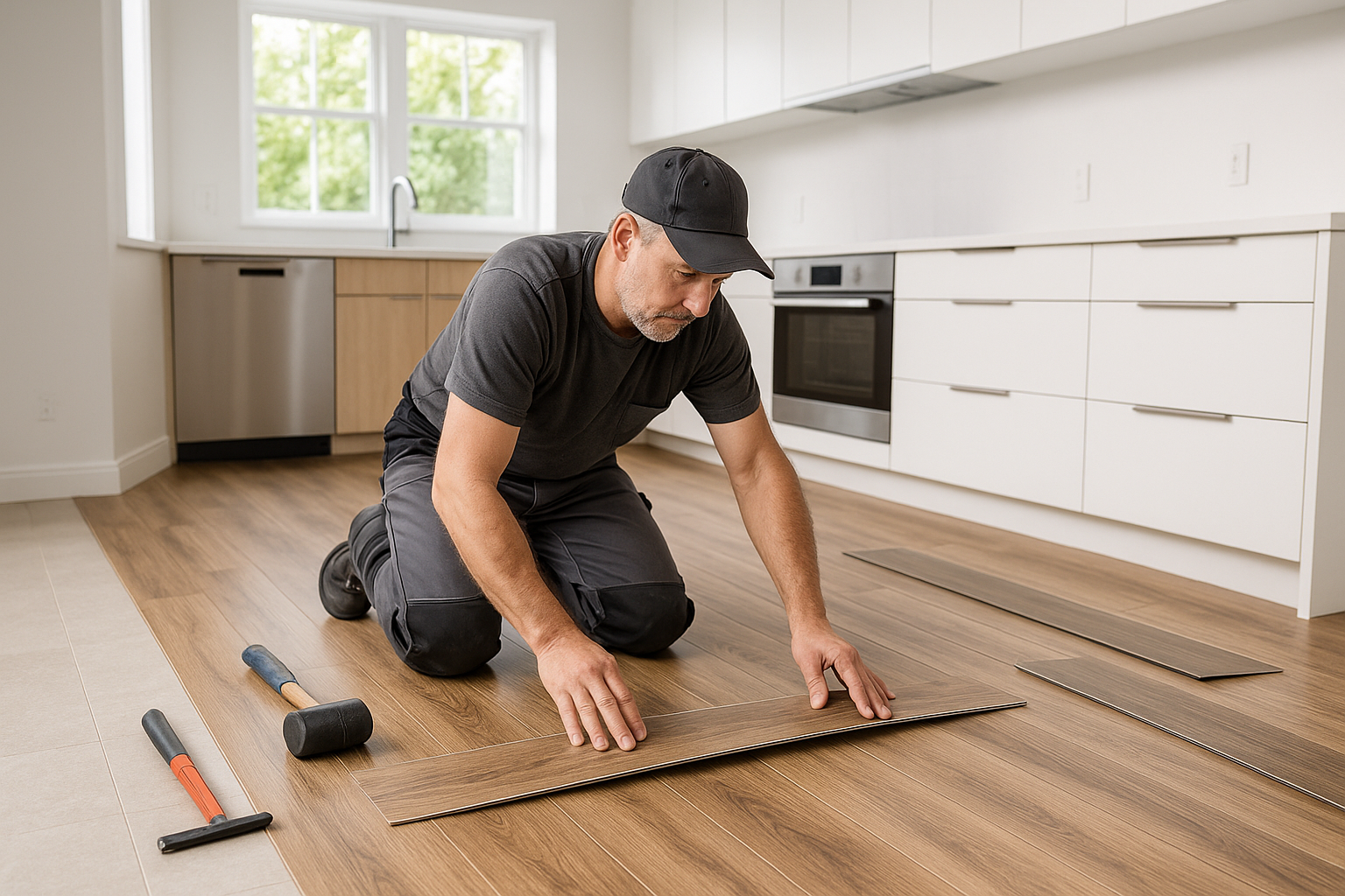 A middle aged flooring installer in a large modern kitchen installing vinyl flooring planks on the floor. The room should be bright and white with light wood cabinetry.