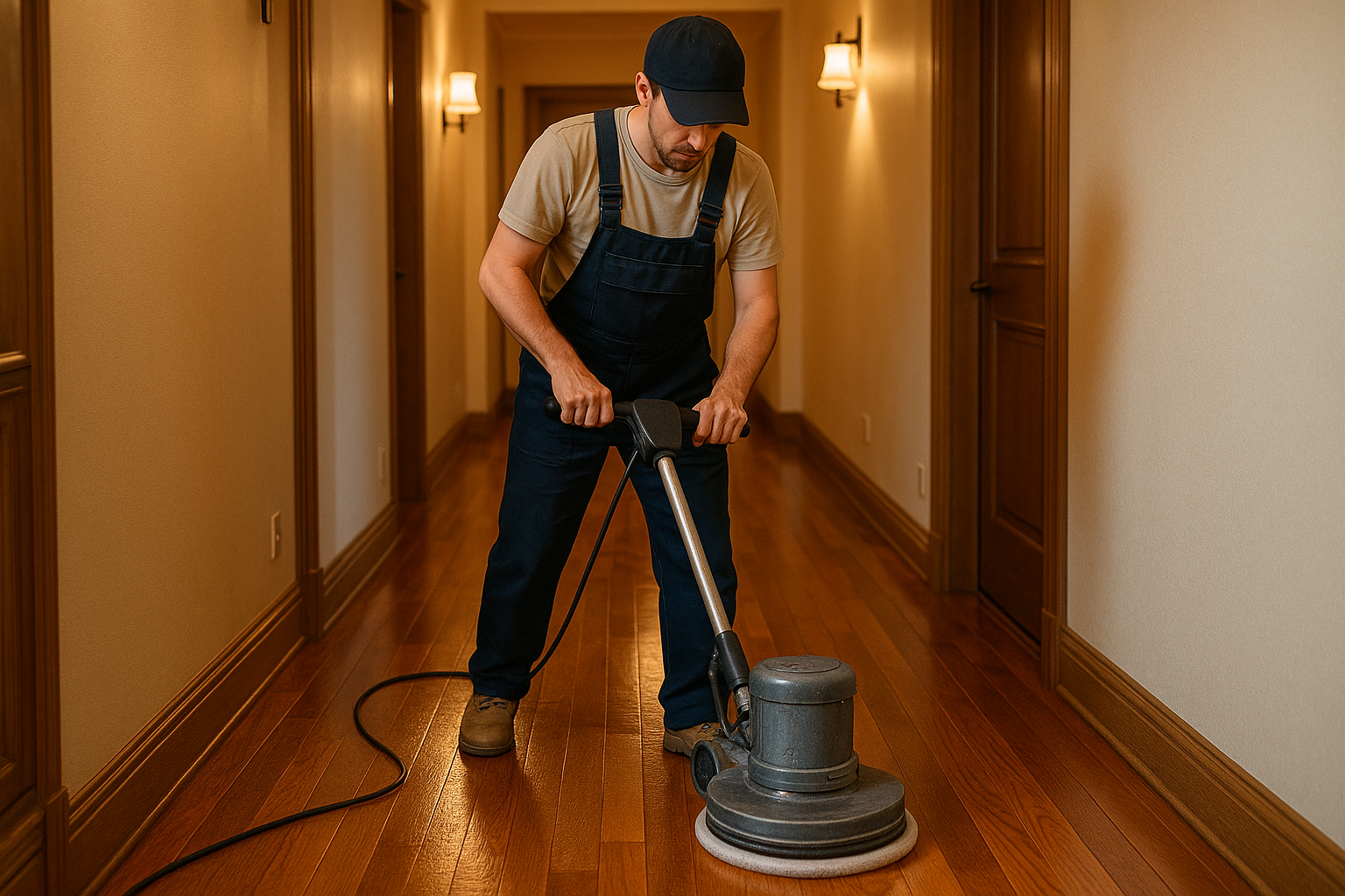 a person polishing flooring in their hallway