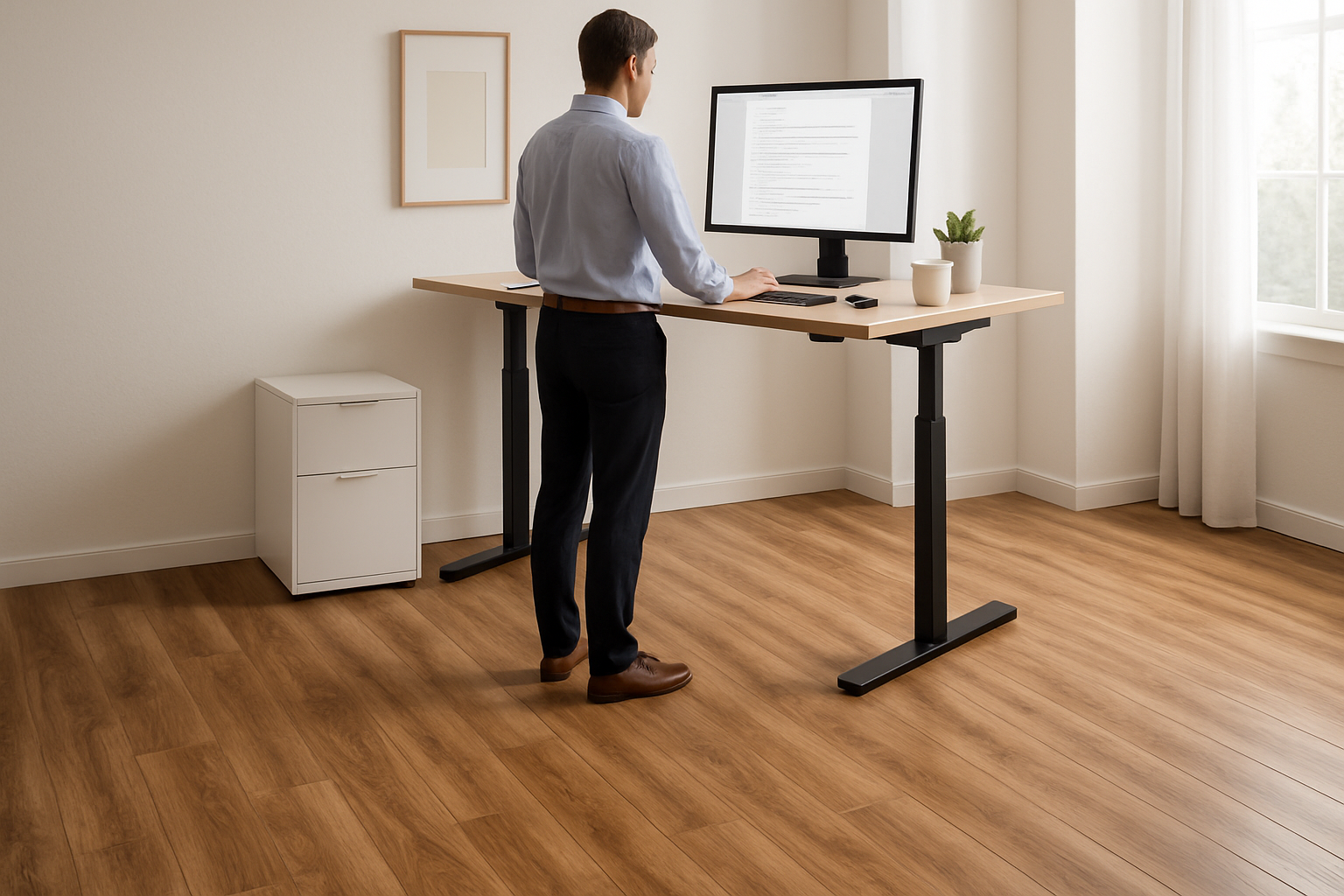 A view of a person standing a desk working on a computer while standing on wood look vinyl flooring