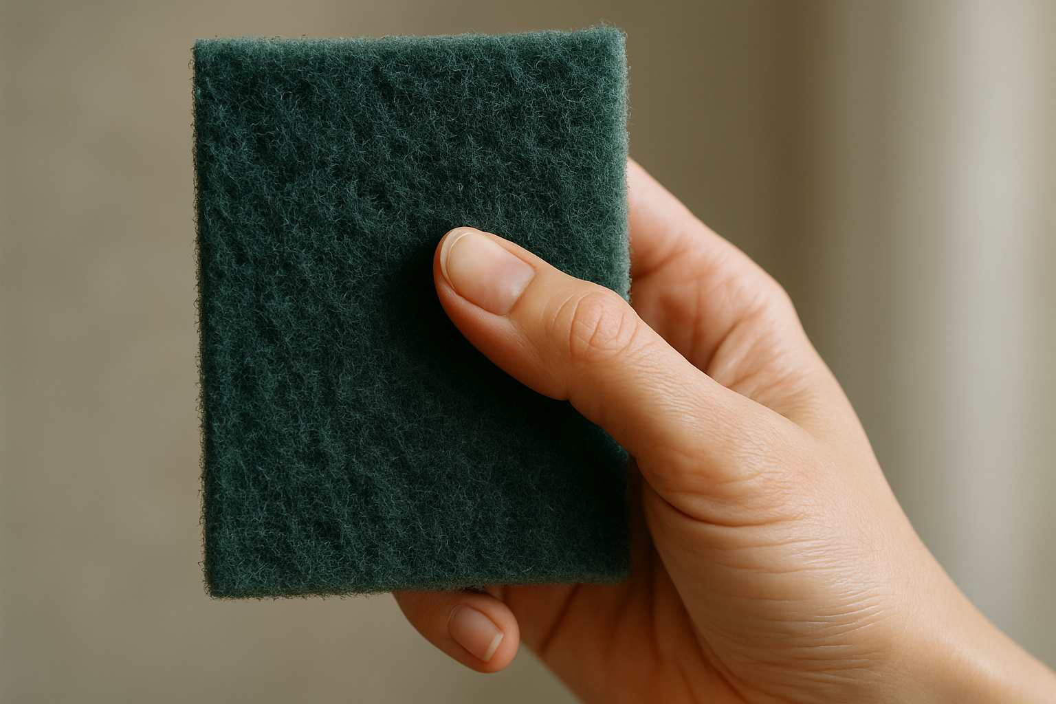 a woman holding up a scouring pad. Close up on her hand.