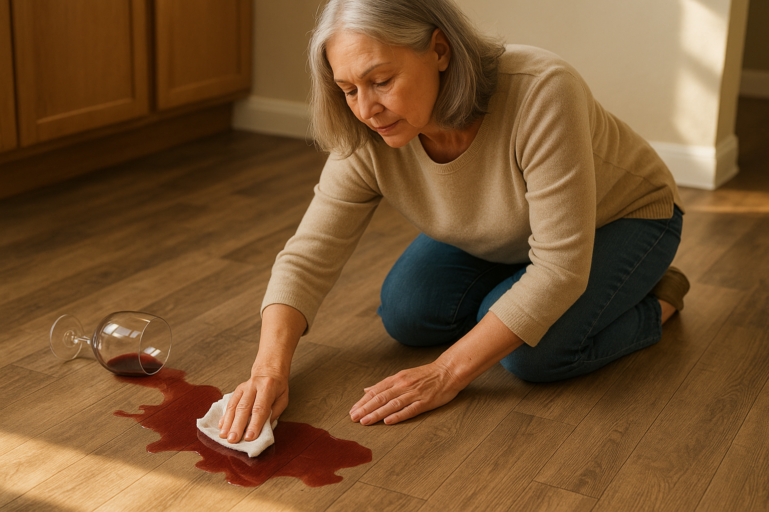 An older woman cleaning up spilled wine on vinyl flooring