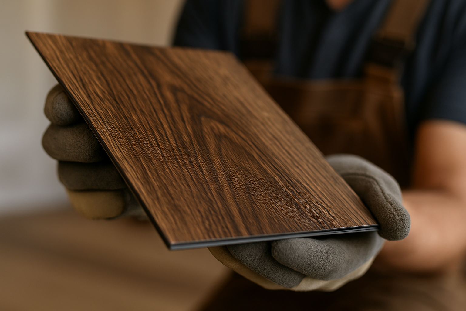 Close up image of a contractor holding up a piece of luxury vinyl flooring with a painted bevel edge.