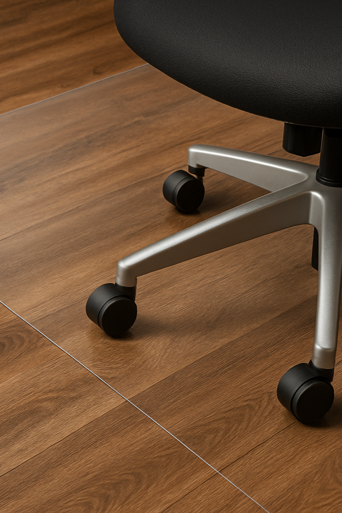 Close up of an office chair on top of a clear mat on vinyl plank flooring