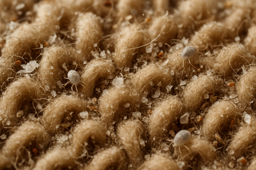 Close up of carpeting with dust and dander particles