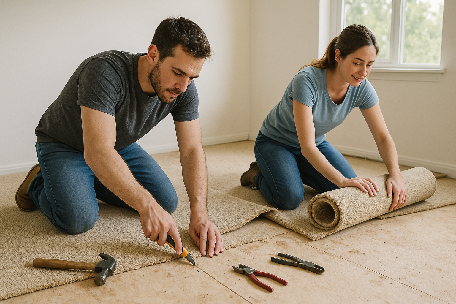 Don't show any wood flooring, just the carpet being removed with plywood underneath