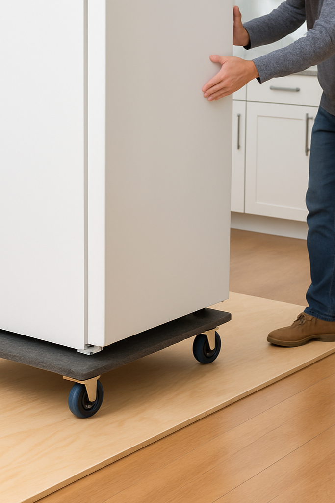 A man pushing an appliance on a furniture dolly over protected floor
