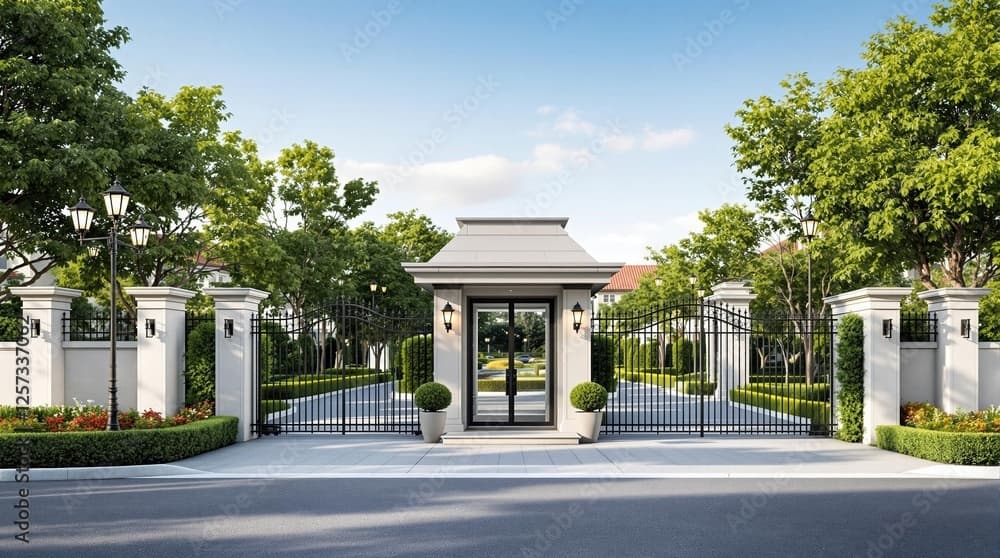 Elegant driveway entrance with a gate and surrounding greenery