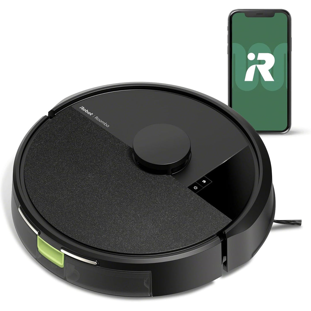 Robotic vacuum cleaner with smartphone displaying app interface on a white background