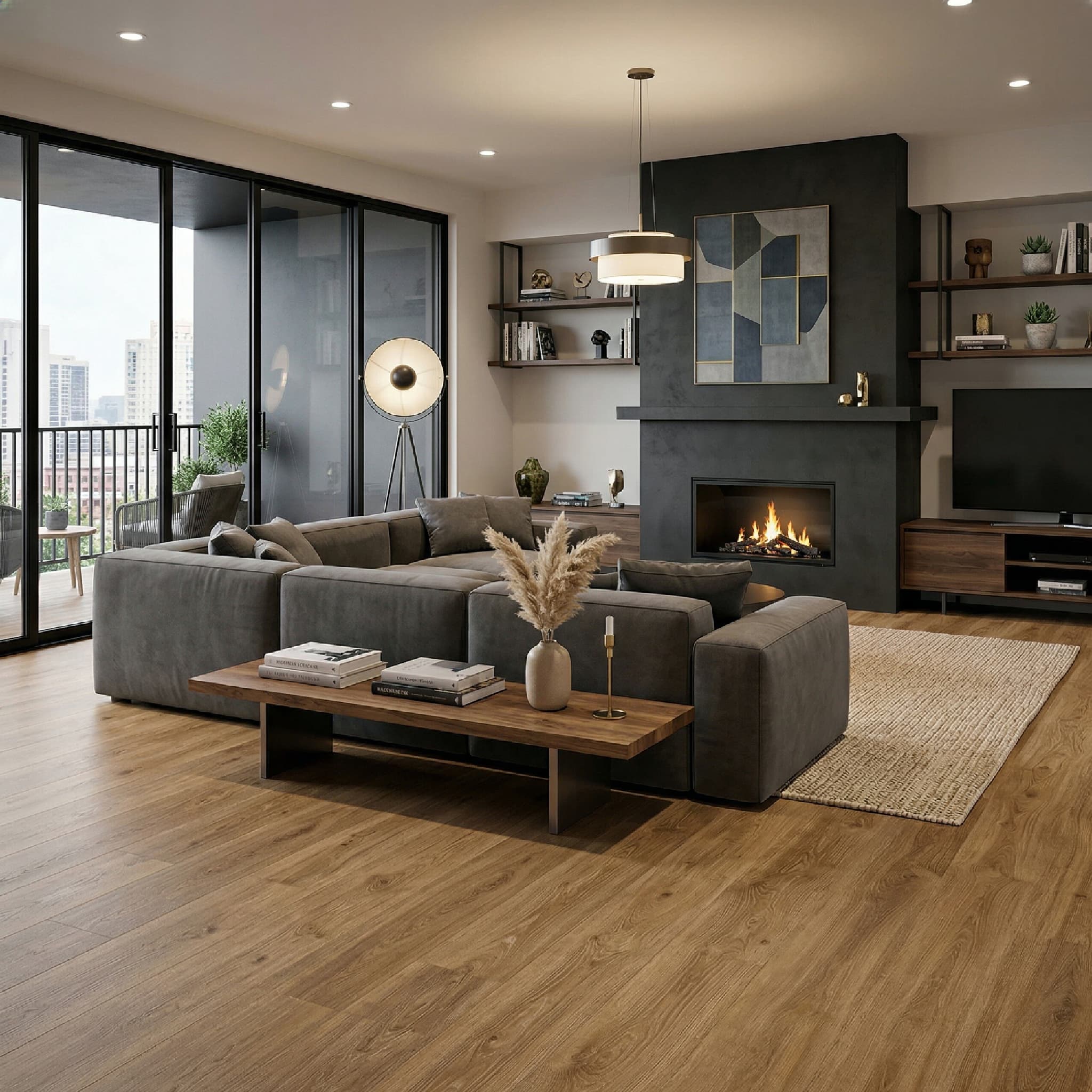 Modern living room with gray sectional sofa, wooden coffee table, and fireplace.