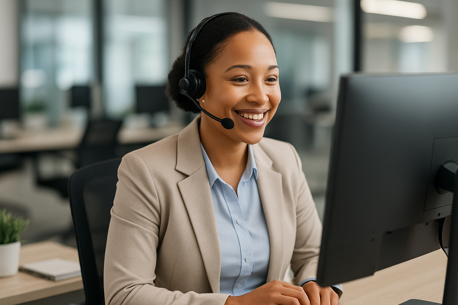 Smiling customer service employee with a headset in an office setting