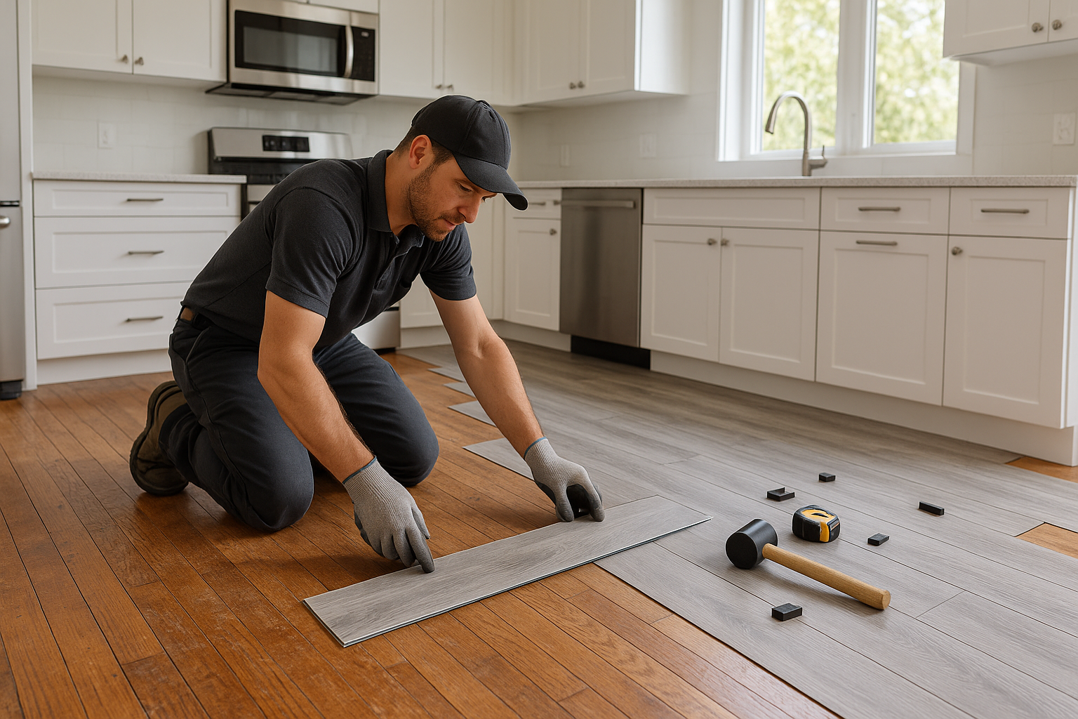 vinyl flooring being installed over an older wood floor by a professional installer in a contemporary kitchen