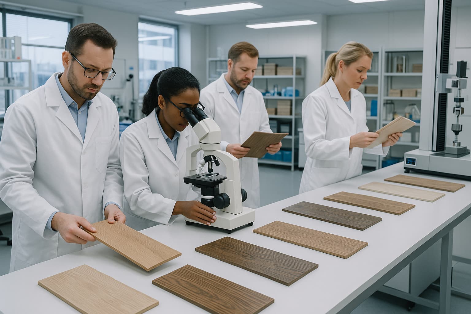 A group of engineers testing pieces of flooring in a lab setting